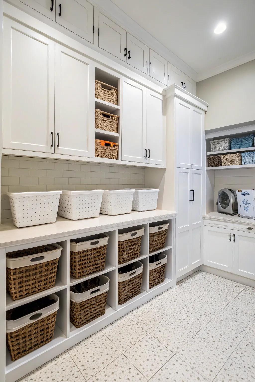 Integrated hampers help maintain a tidy and organized laundry room.
