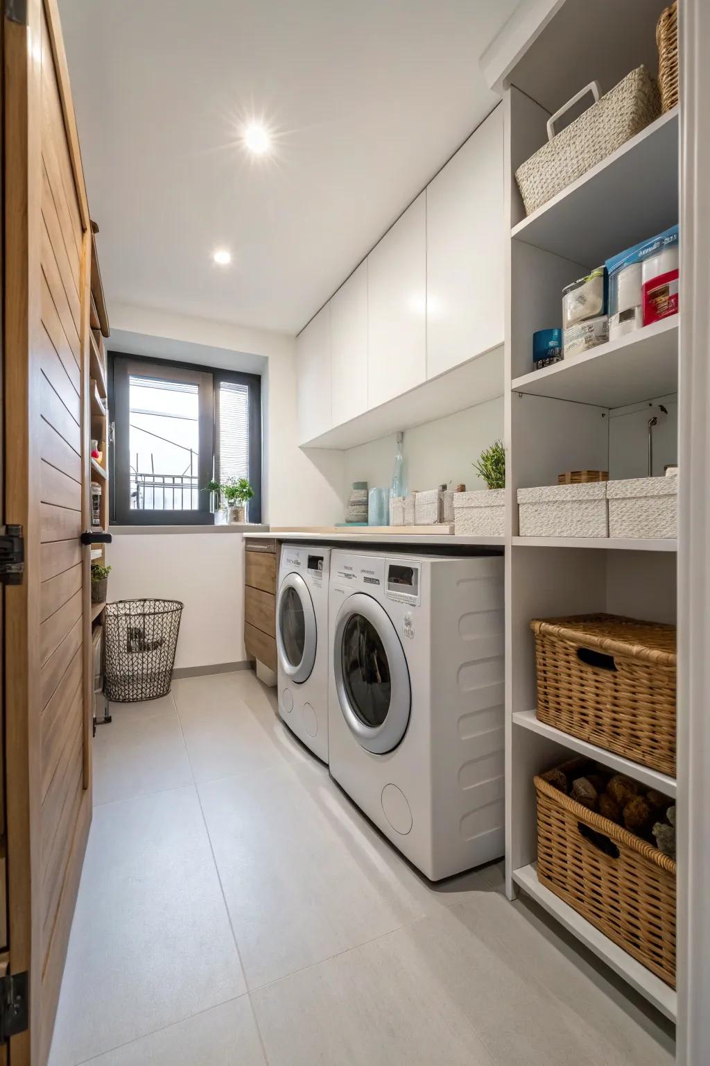 A small-scale layout with flowing flooring results in a productive laundry space.