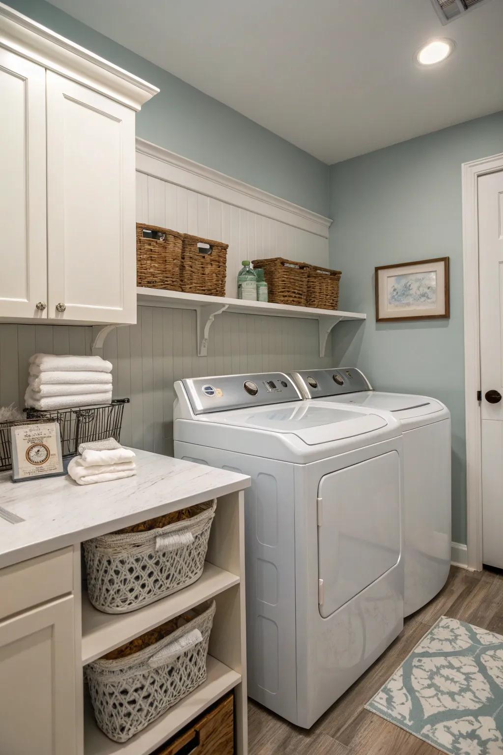 Neutral hues impart serenity and refinement to the laundry area.