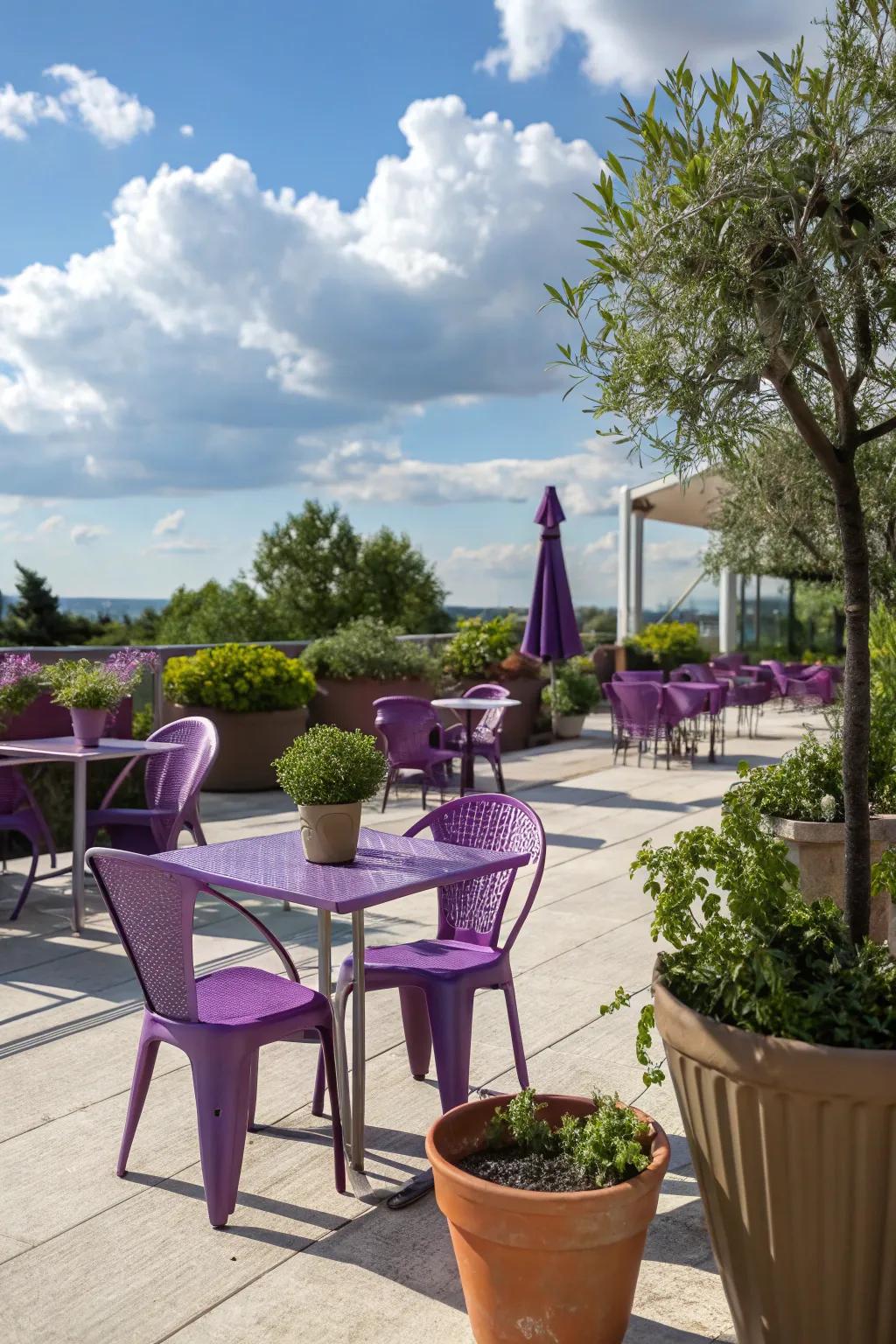 An elegant patio showcasing violet furnishings and cheerful potted greenery.