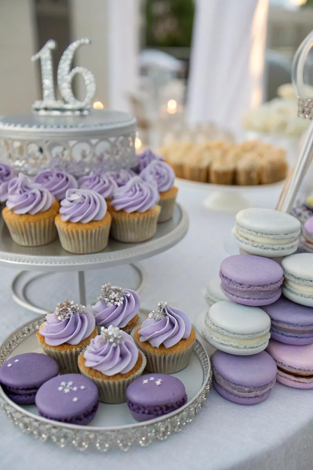 An inviting dessert table that aligns seamlessly with the party's designated color scheme.
