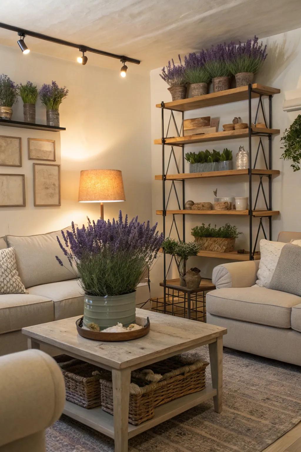 A peaceful family room with lavender accents.