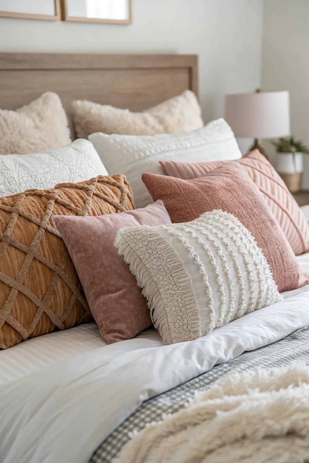 A variety of pillows adding texture and style to the layered bedding.