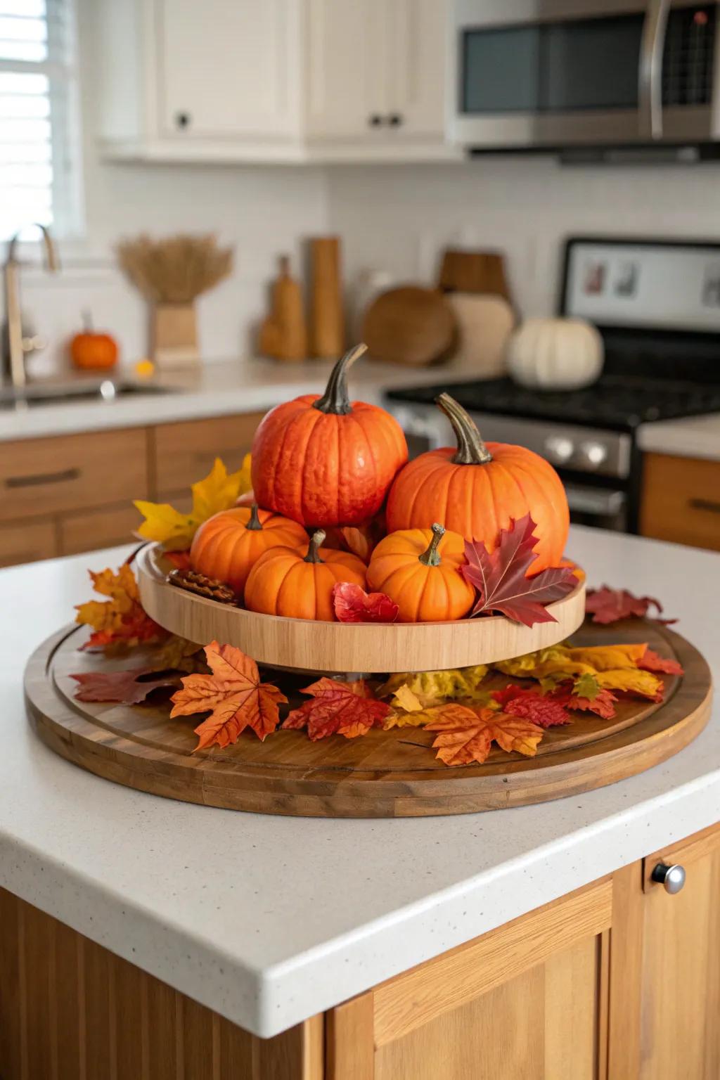 A rotating tray beautified with charming autumn-themed decor.