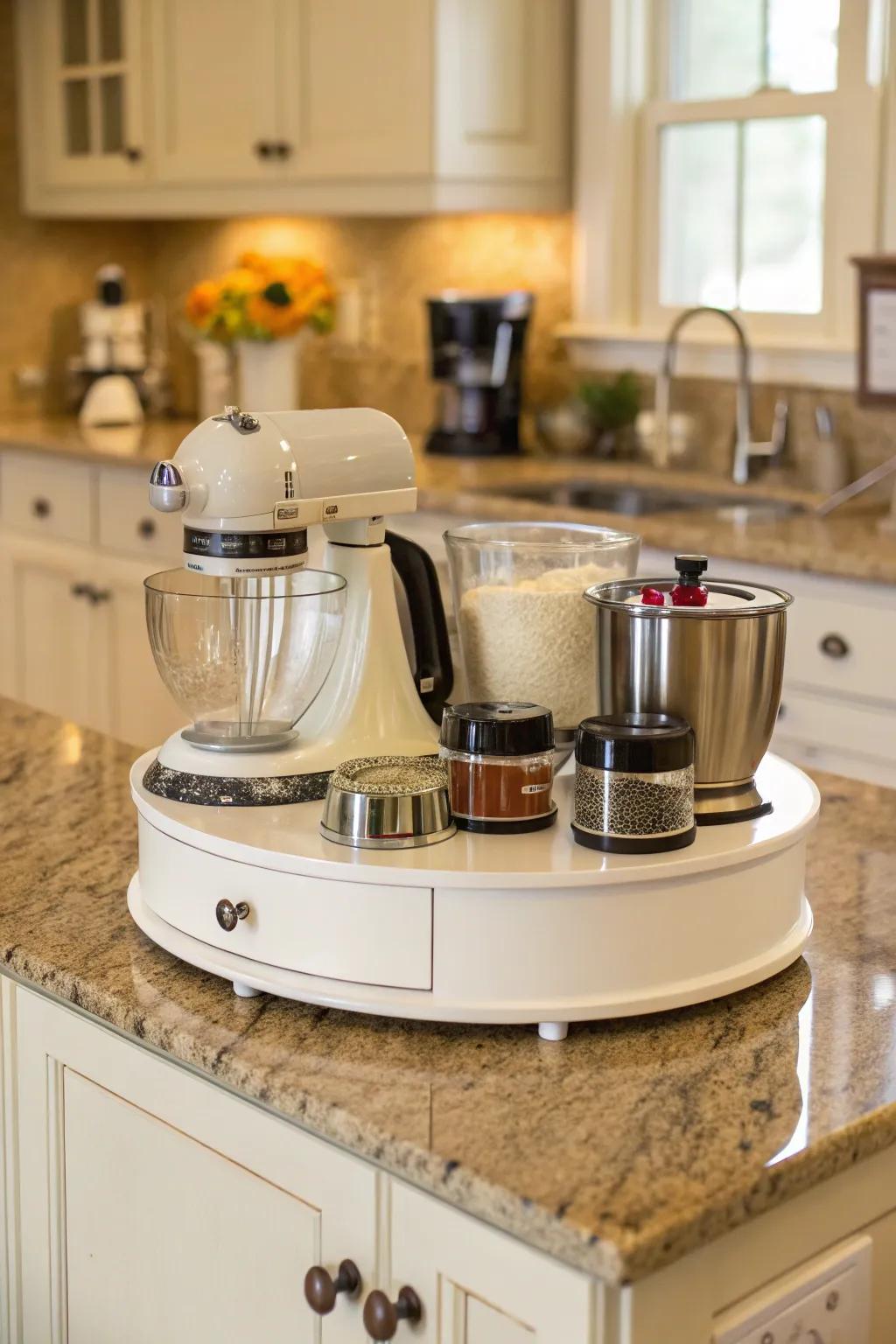 Efficiently store small kitchen appliances on a spinning organizer.