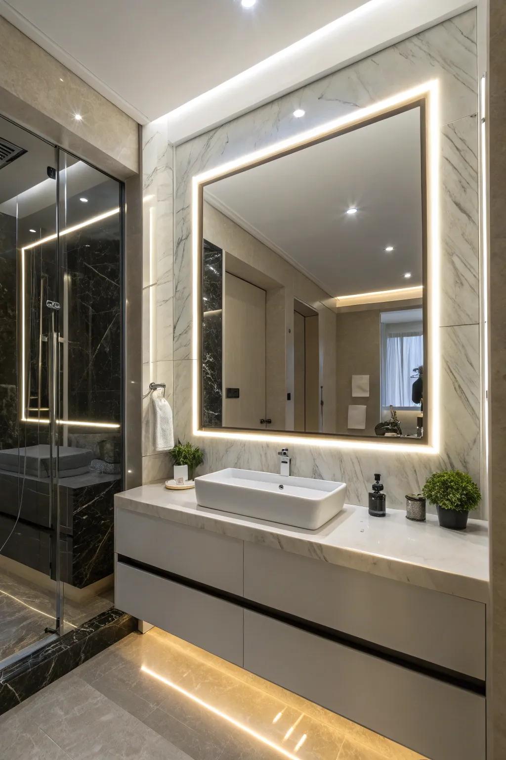 Bathroom luxury featuring LED-framed mirrors.