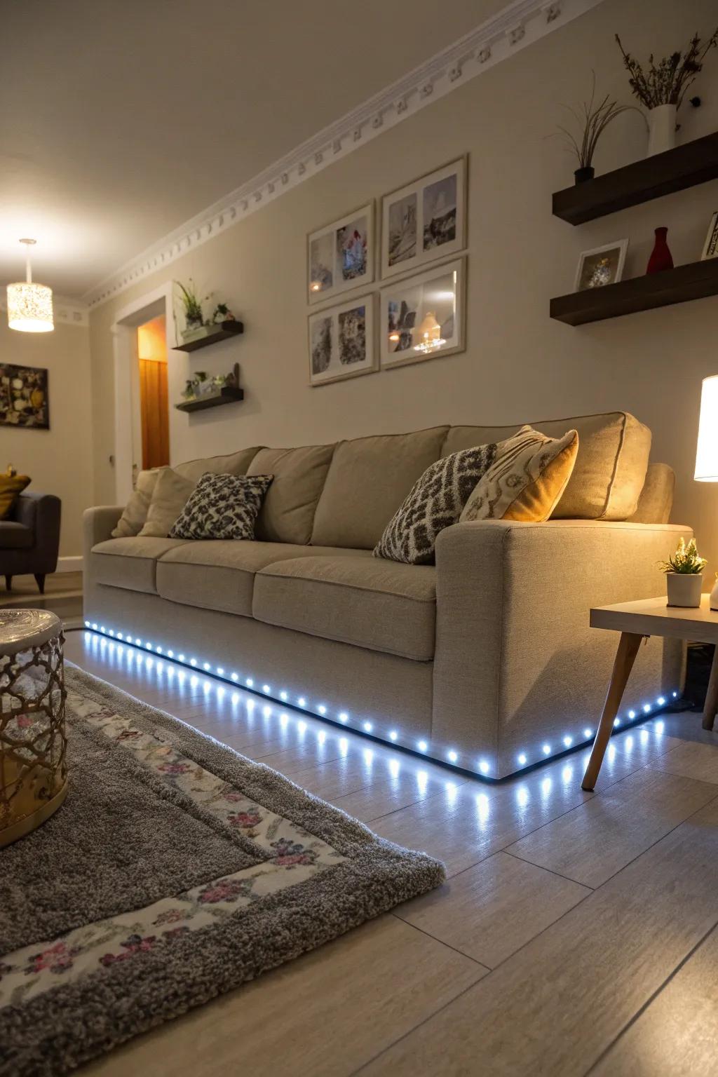 Offer a modern twist to your sofa using under-lighting.