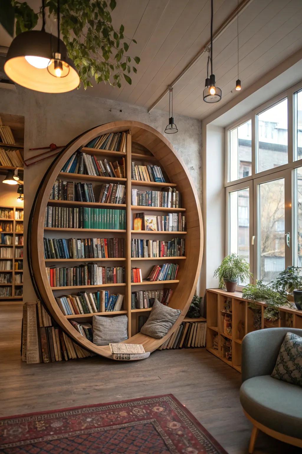 A unique circular bookcase adds a creative touch to the library design.
