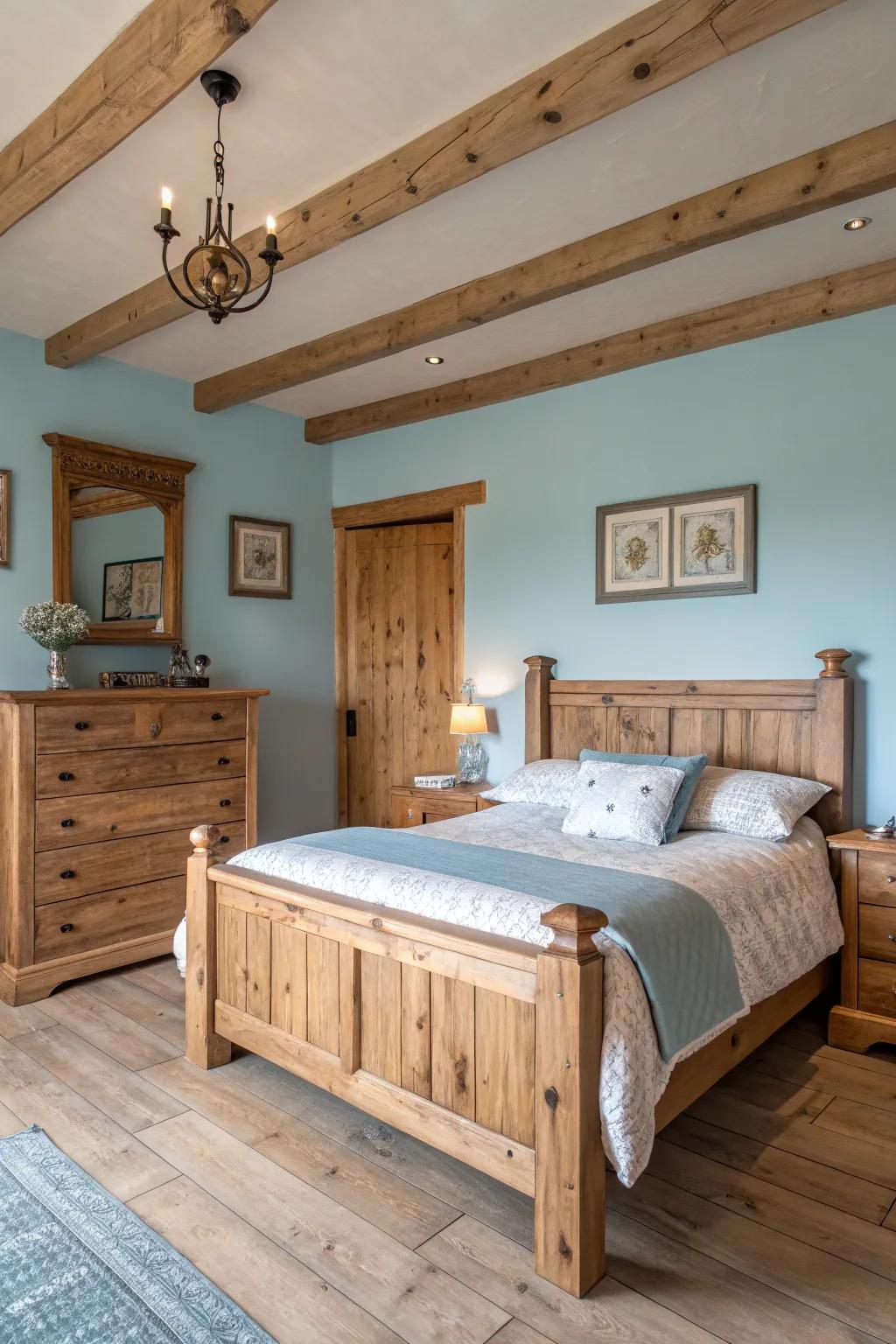 An earthy bedroom showcasing wooden furniture paired with soothing pale blue walls.