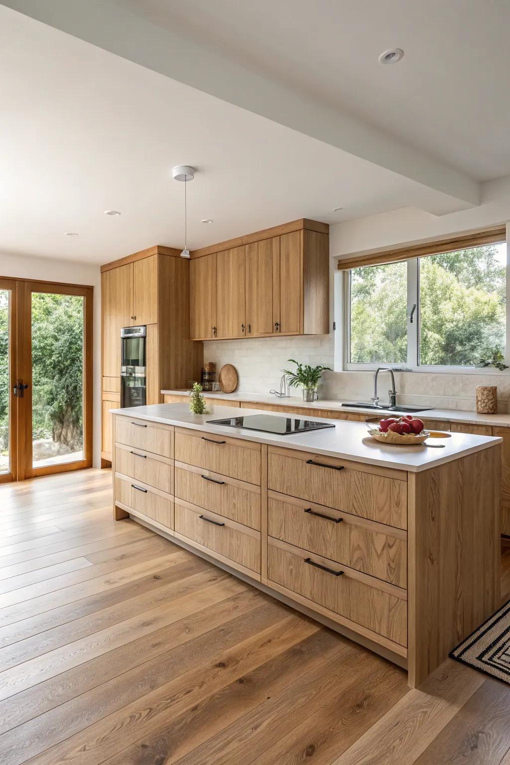 Achieve a harmonious ambiance with timber-style flooring that unifies your kitchen.