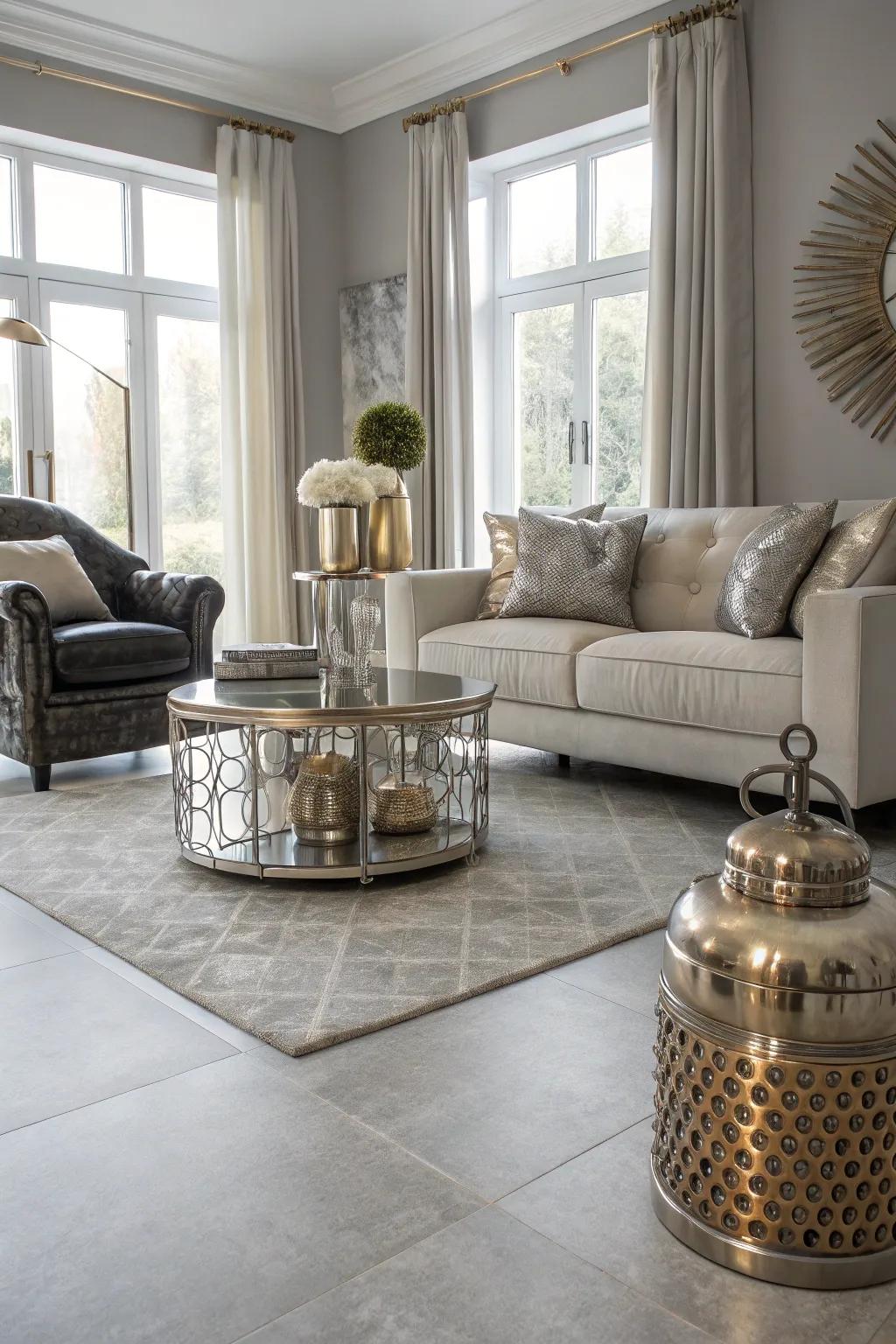 An elegant living area with light grey flooring and metallic accents.