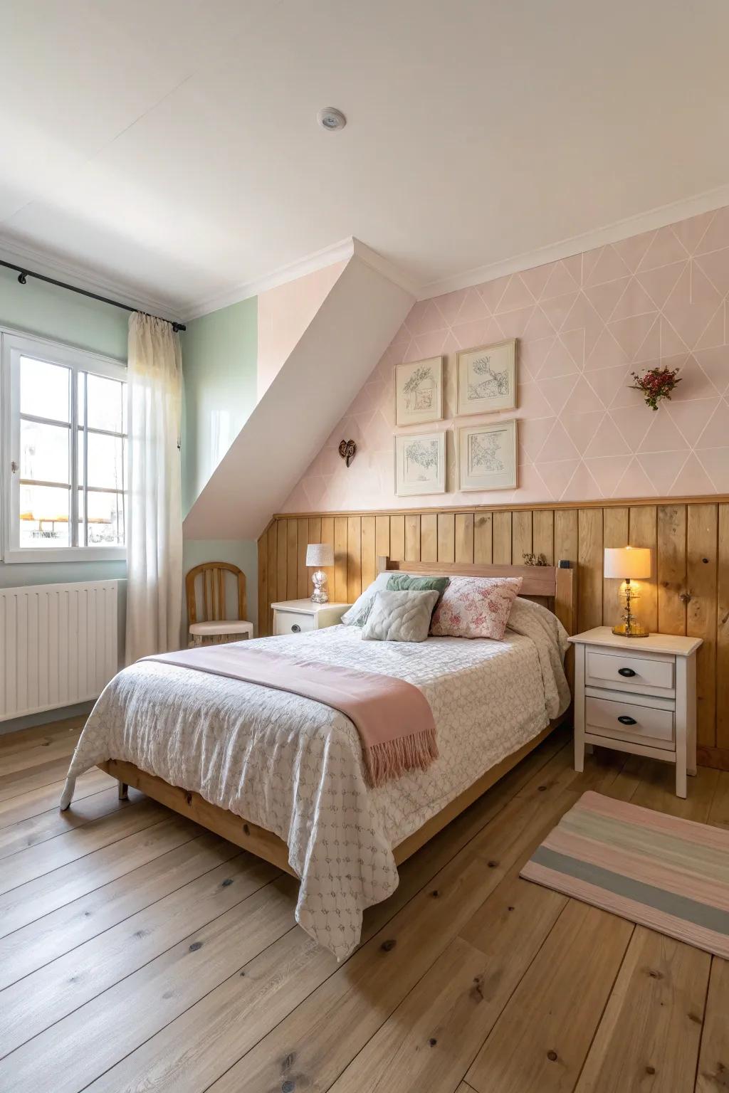 A pastel feature wall highlighting pale timber flooring.