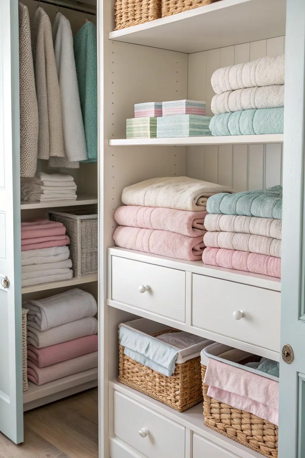 Color coordination enhances the aesthetic appeal of a linen closet.