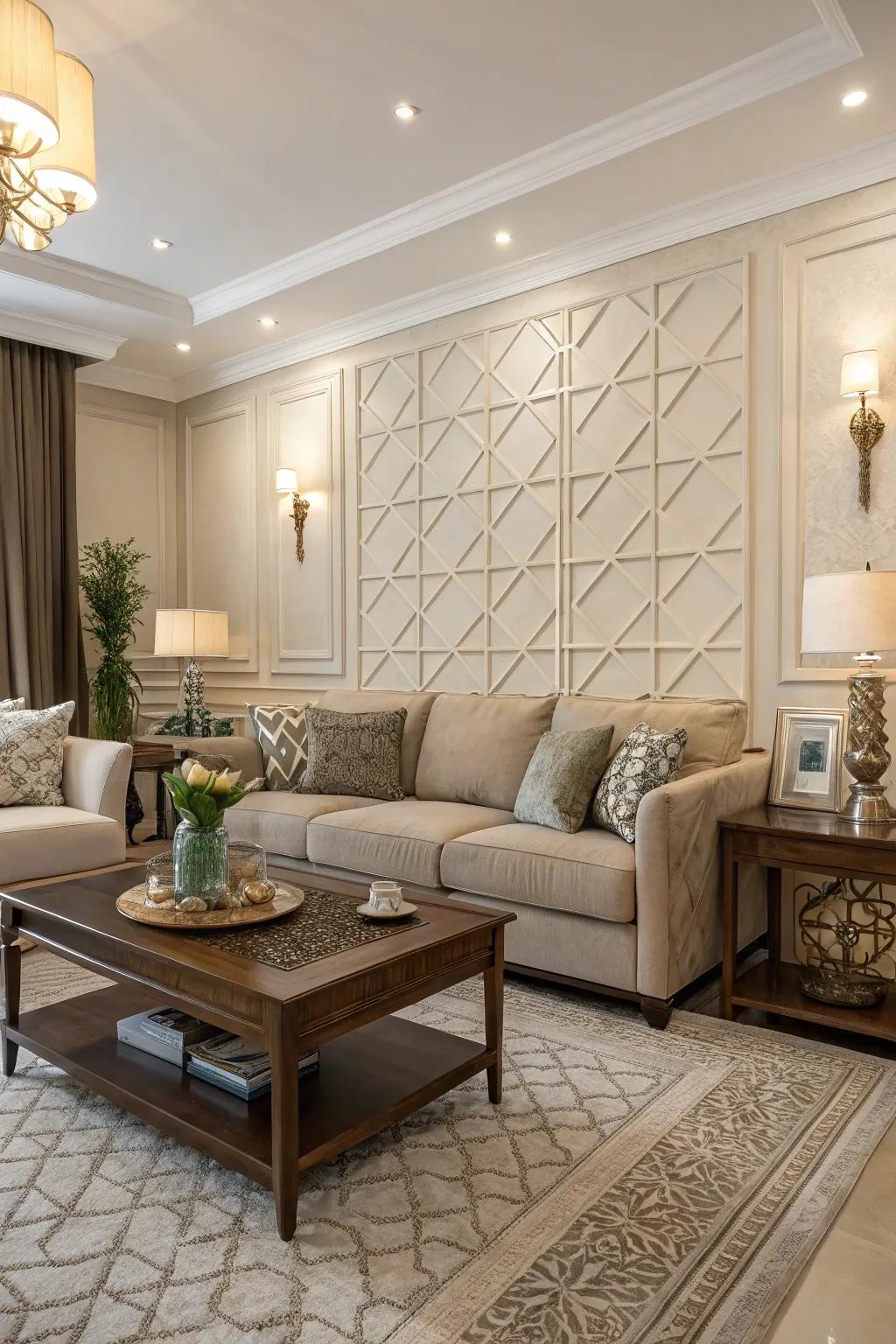 Coordinated furniture and feature wall enhance the overall harmony of this space.
