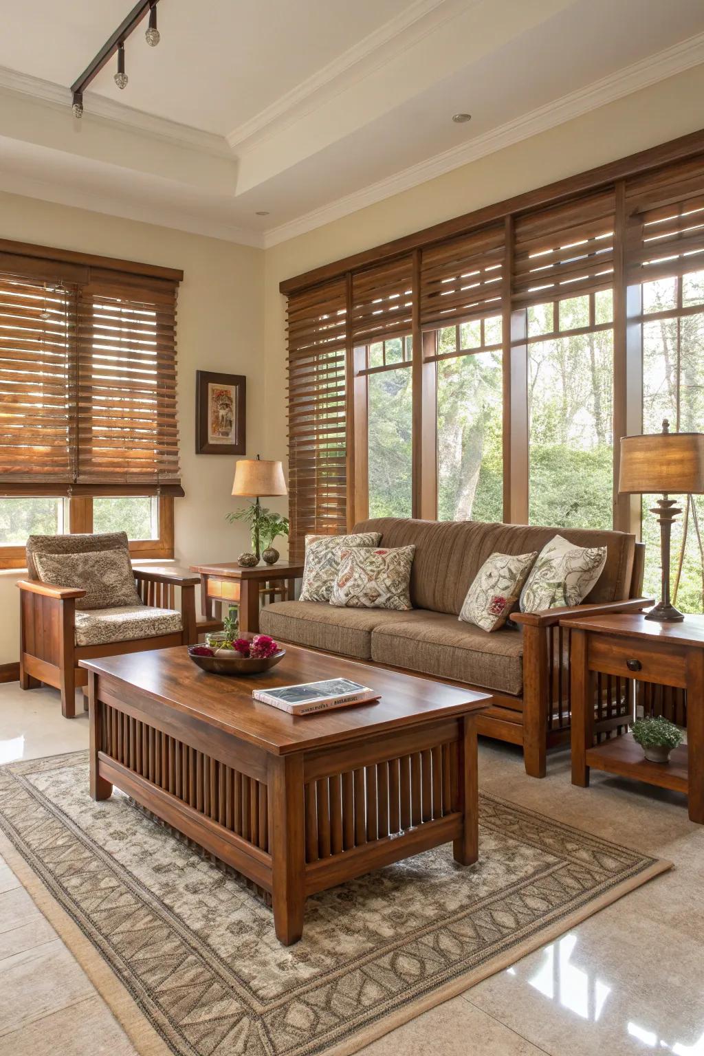 Wood window treatments provide a hint of organic warmth.