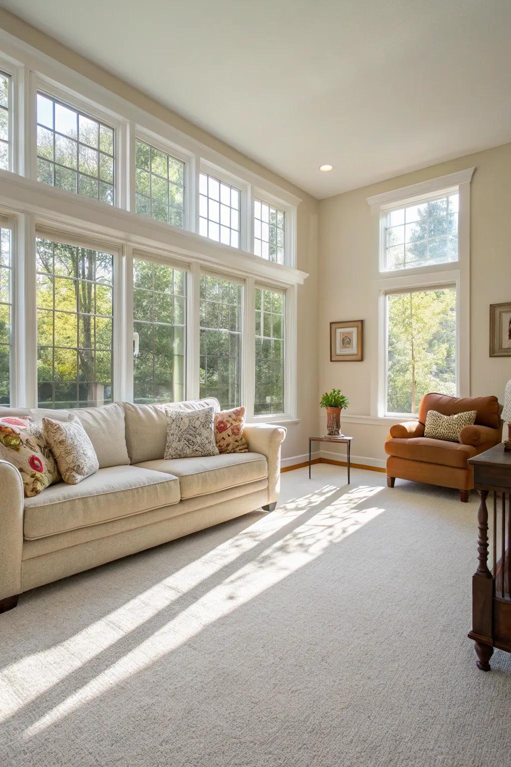 Sunlight and bright ground coverings create an ethereal and spacious atmosphere.