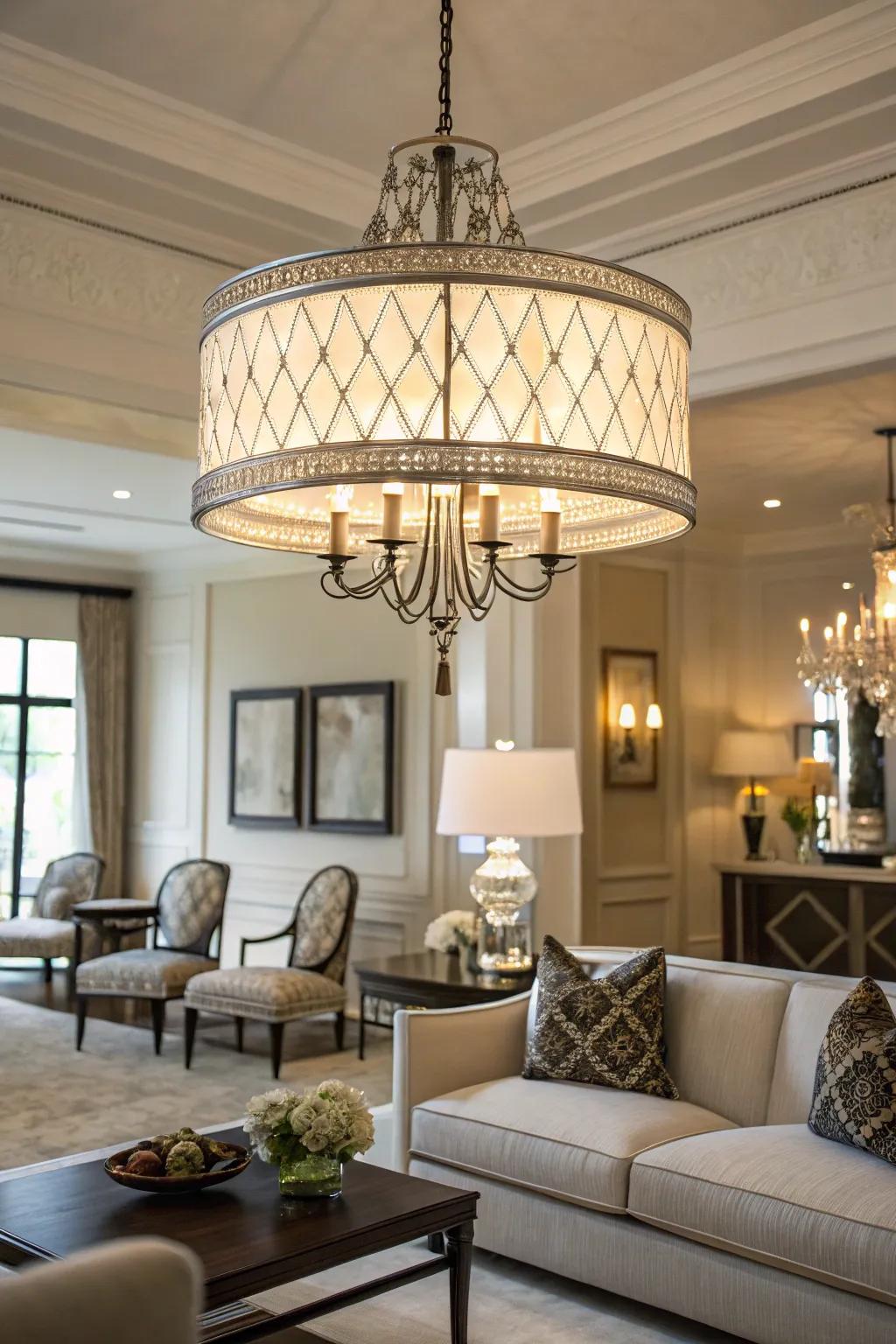 An elegant living room featuring a cylindrical chandelier with uncluttered lines.