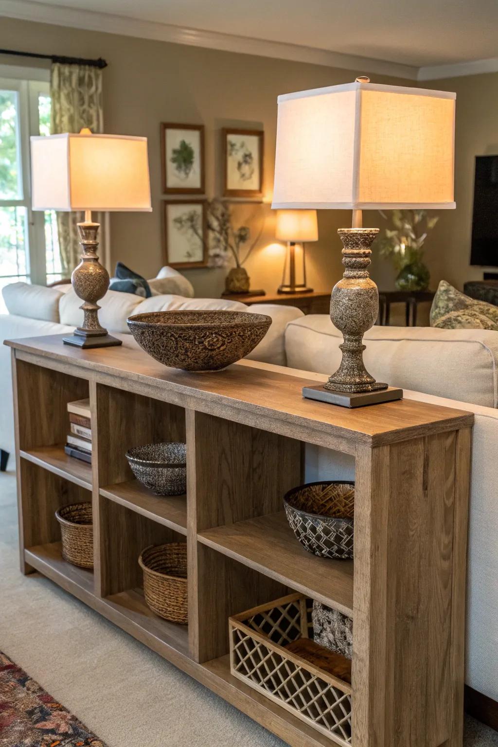 A functional display surface using cube storage, blending usefulness with style.