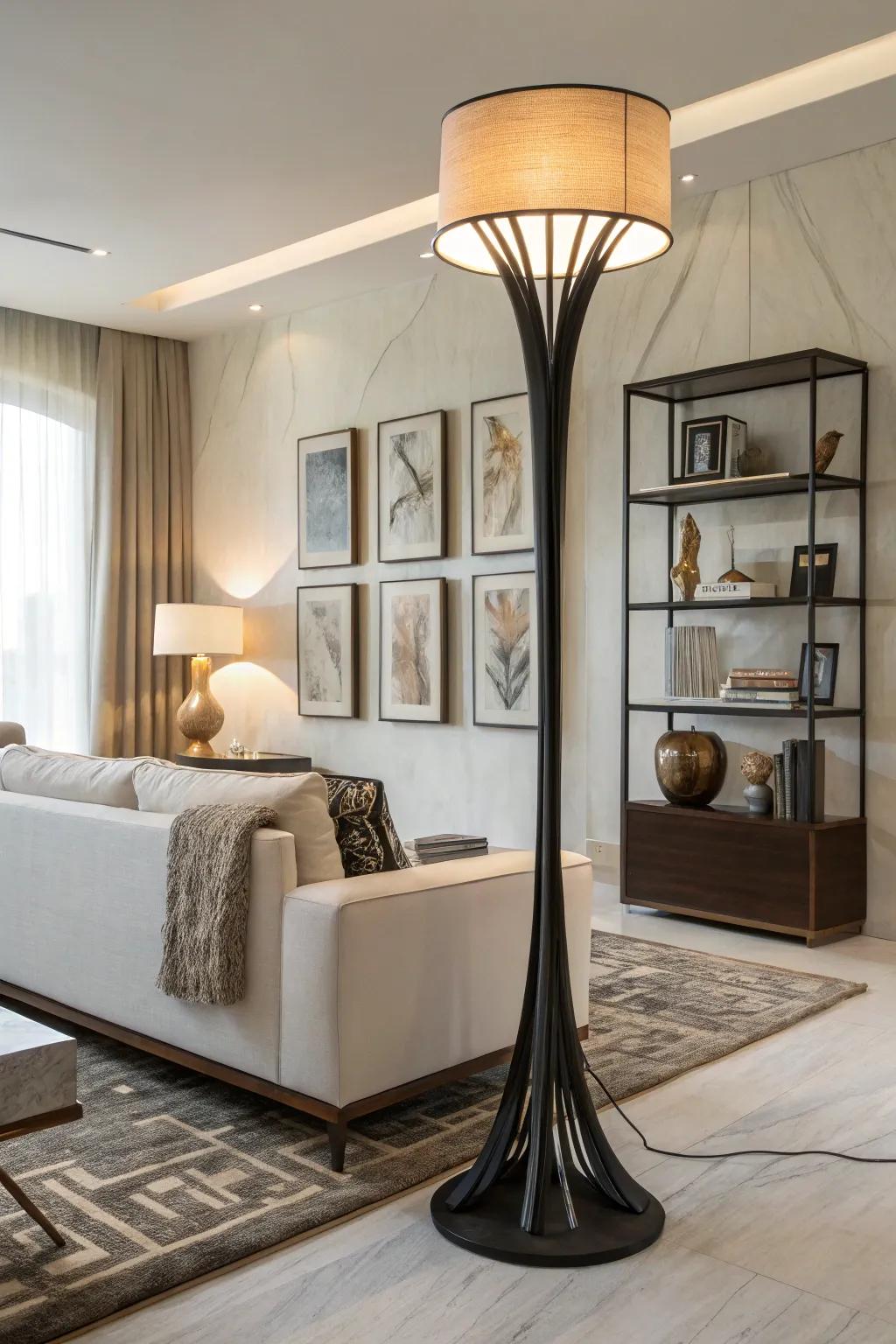 A modern living room with a sculptural floor lamp as a stunning centerpiece.