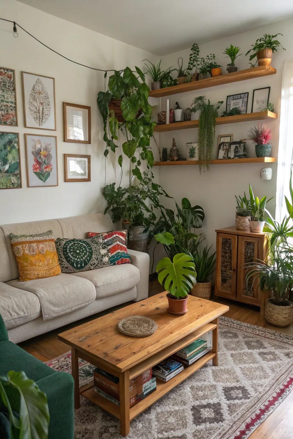Plants and art inject personality into the living room.