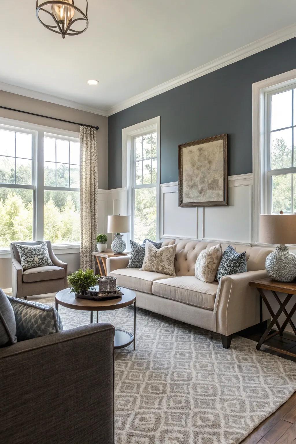 Two-toned walls bring dynamic visual appeal.