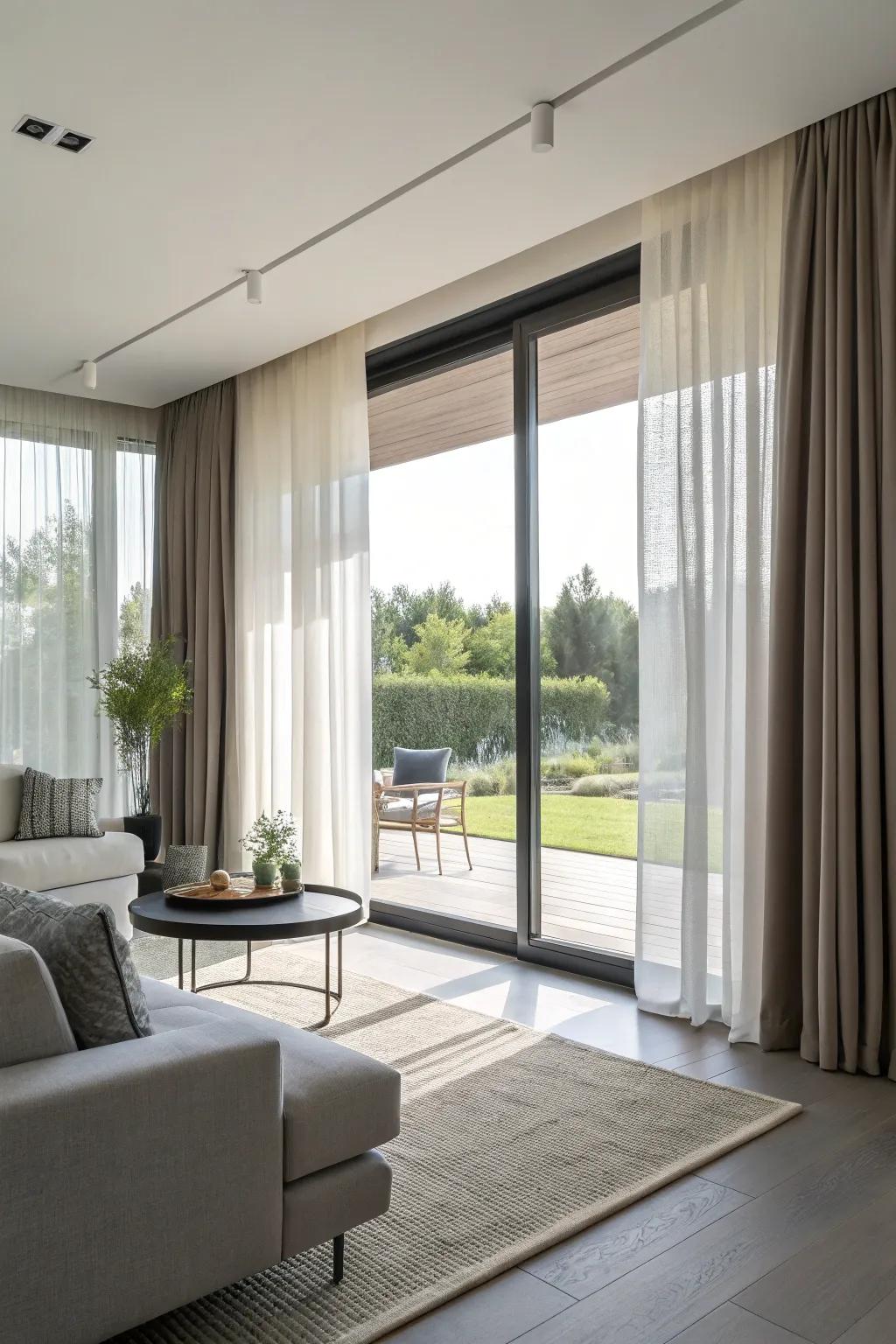 Create a versatile look with sliding curtains for your living room windows.