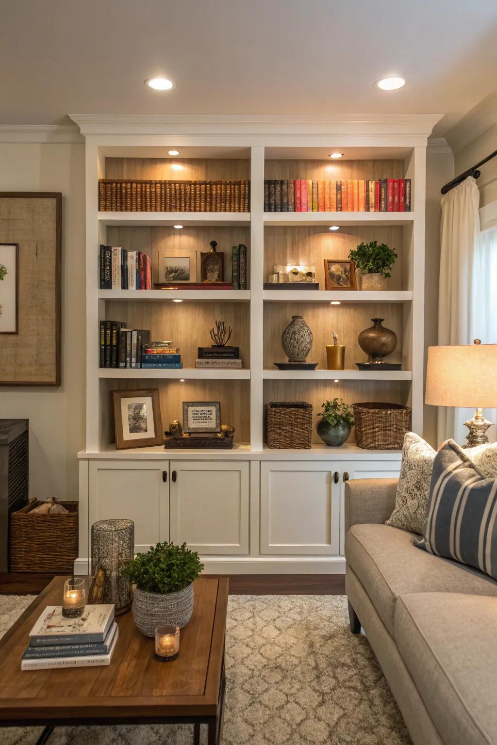 Symmetrical shelves elevate formal elegance.