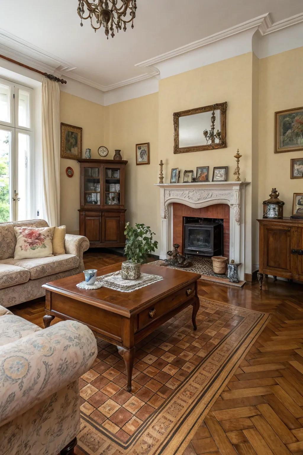 Refined living area featuring herringbone-style tiles.
