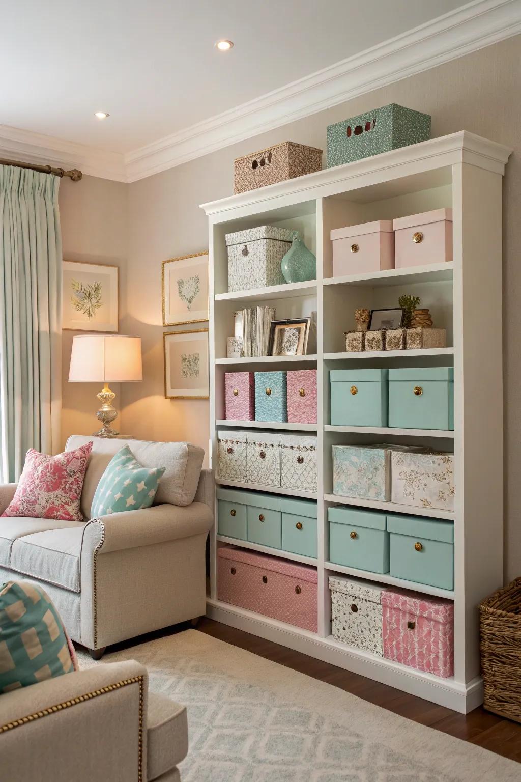 Decorative boxes offer cohesive, stylish storage.