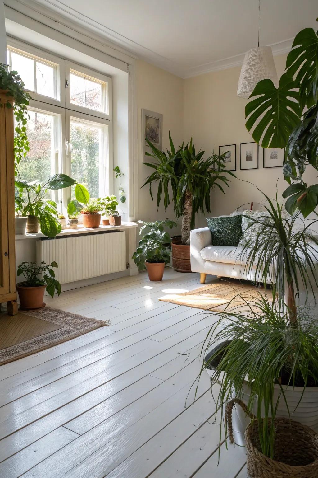 Lush greenery gives a refreshing touch to a room with bright hardwood floors.