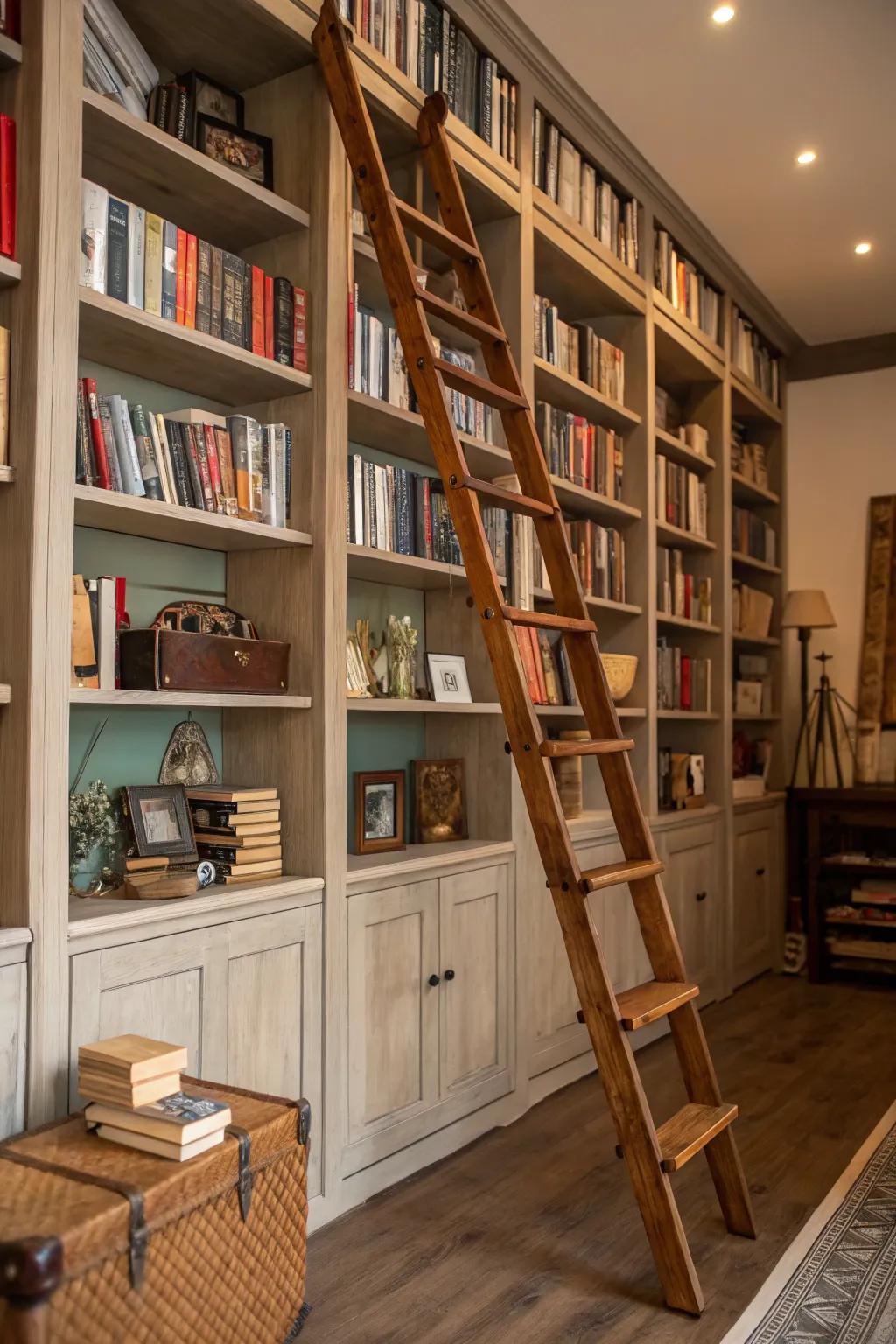 Introducing a rolling ladder enhances both charm and functionality when combined with taller bookshelves.