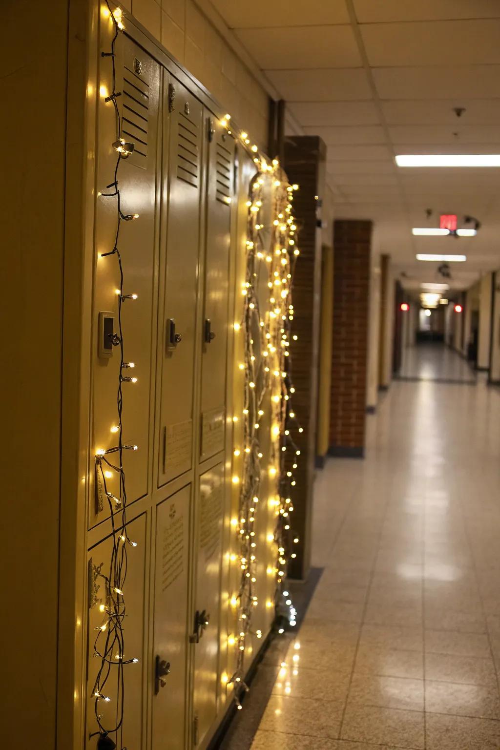 Ornamental string lights in a locker, adding a warm and welcoming glow.