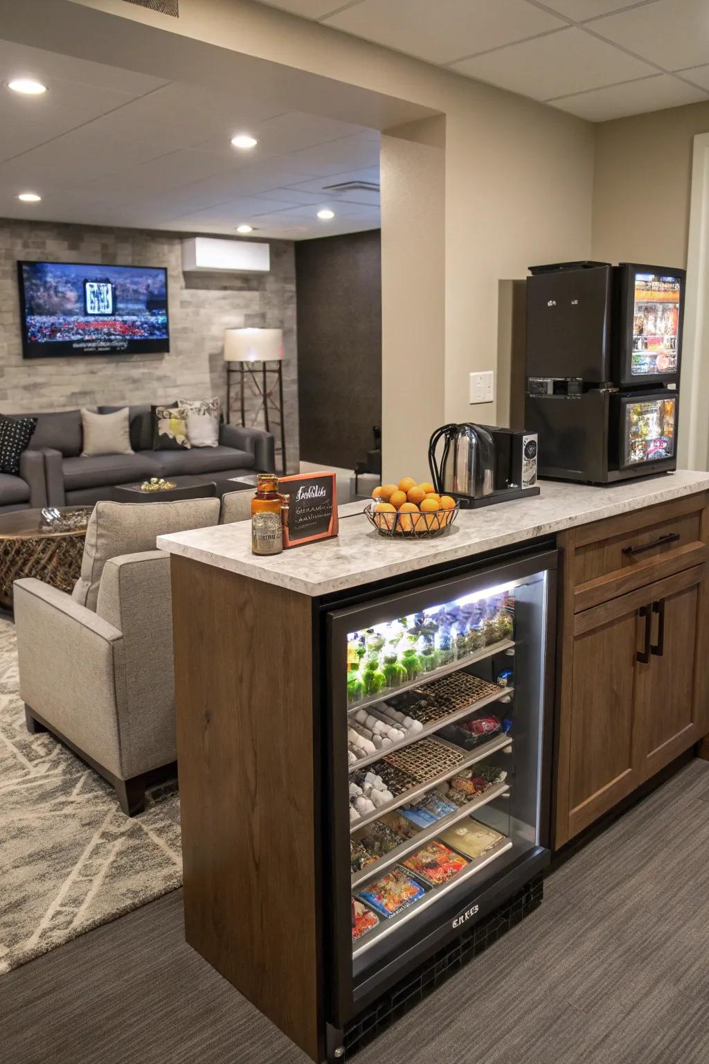 A handy snack and beverage center helps keep energy levels up on game nights.