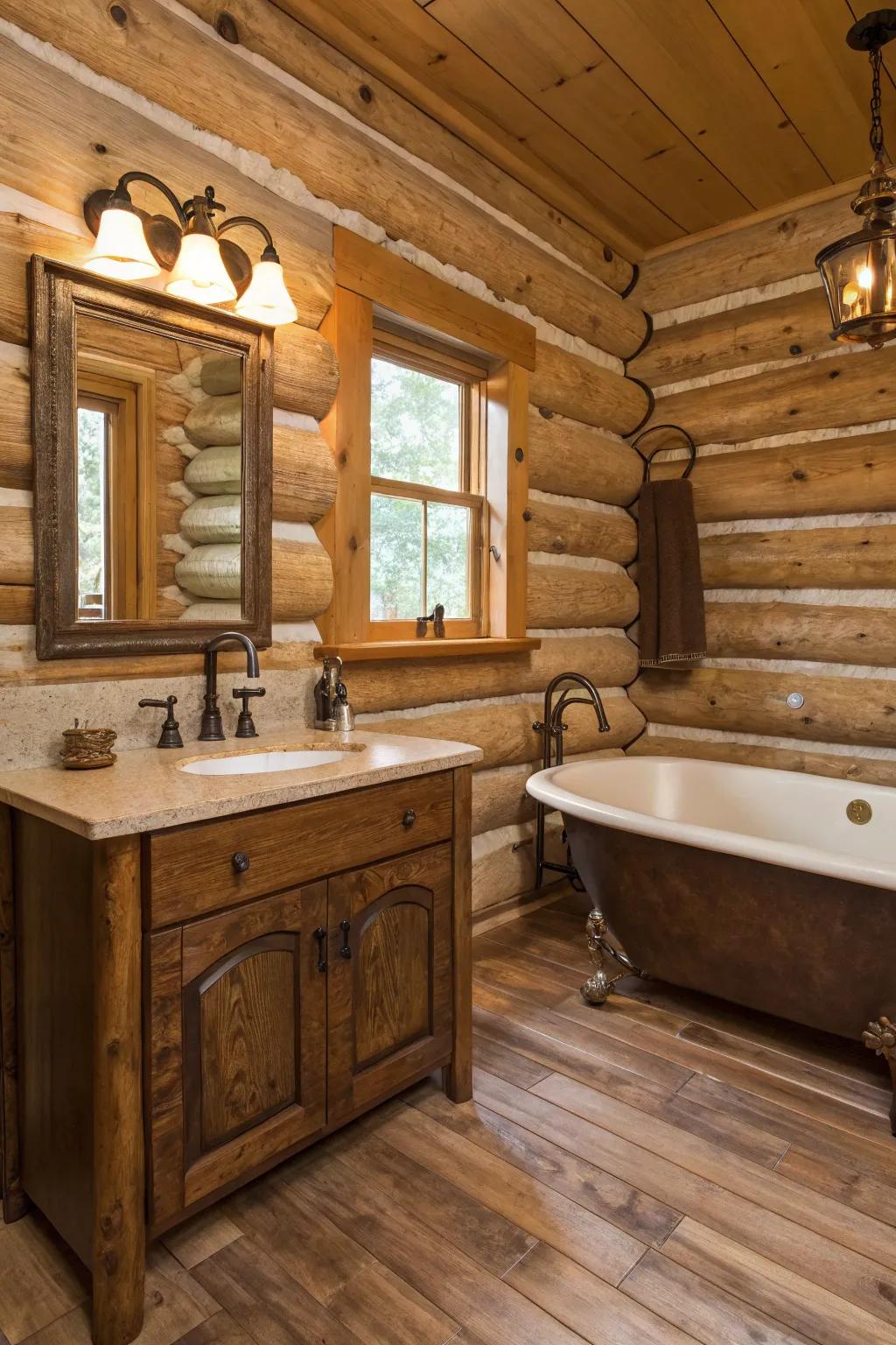 A log cabin bathroom with rustic bronze fixtures.