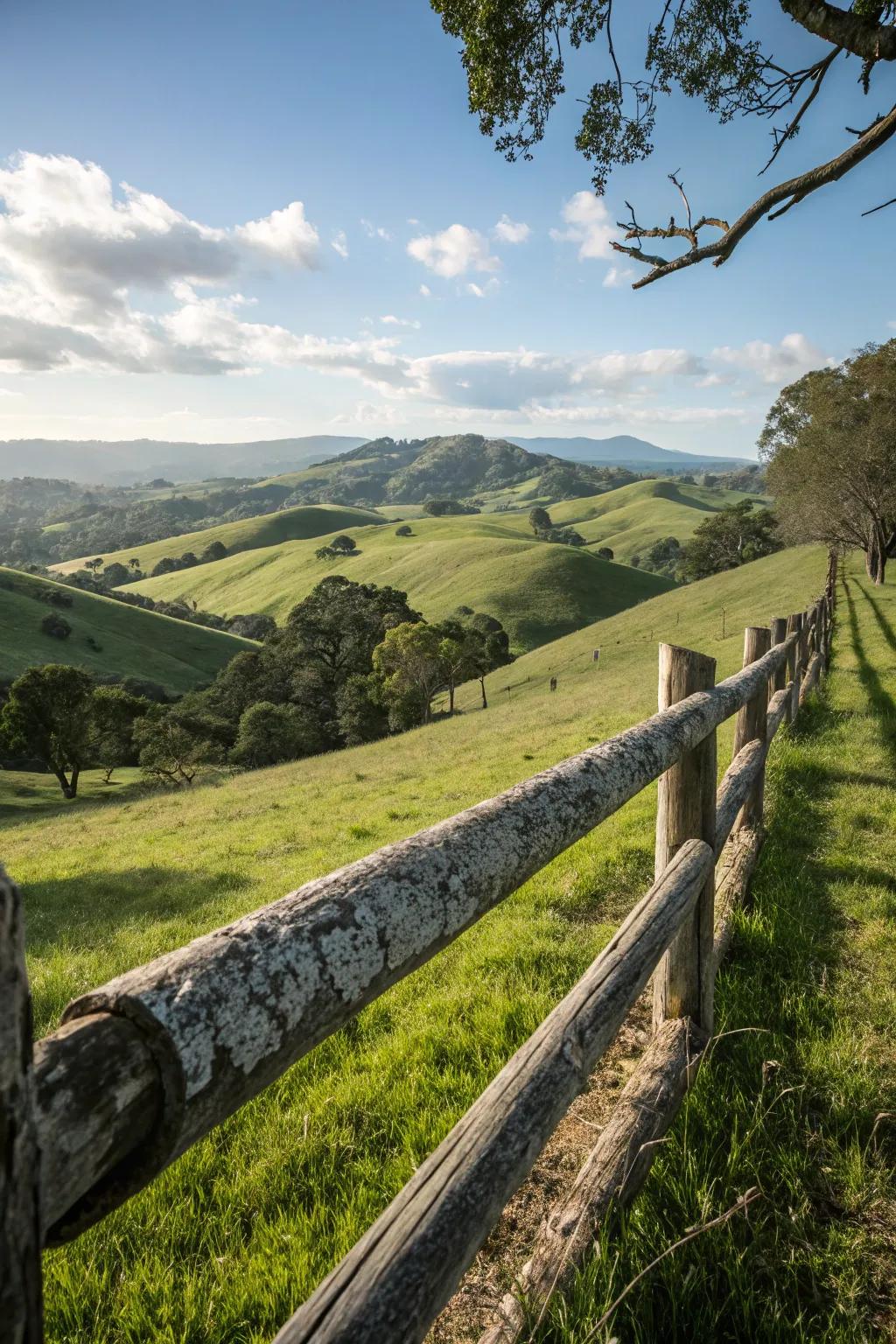 Log fences functioning as natural backdrops against impressive panoramas.