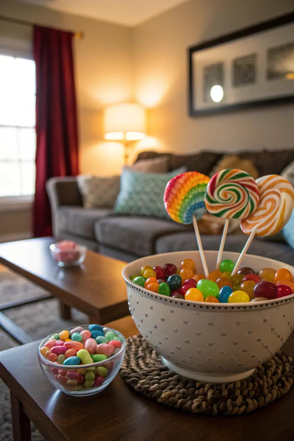 An enjoyable blend of lollipops and jelly candies produces a colorful array.