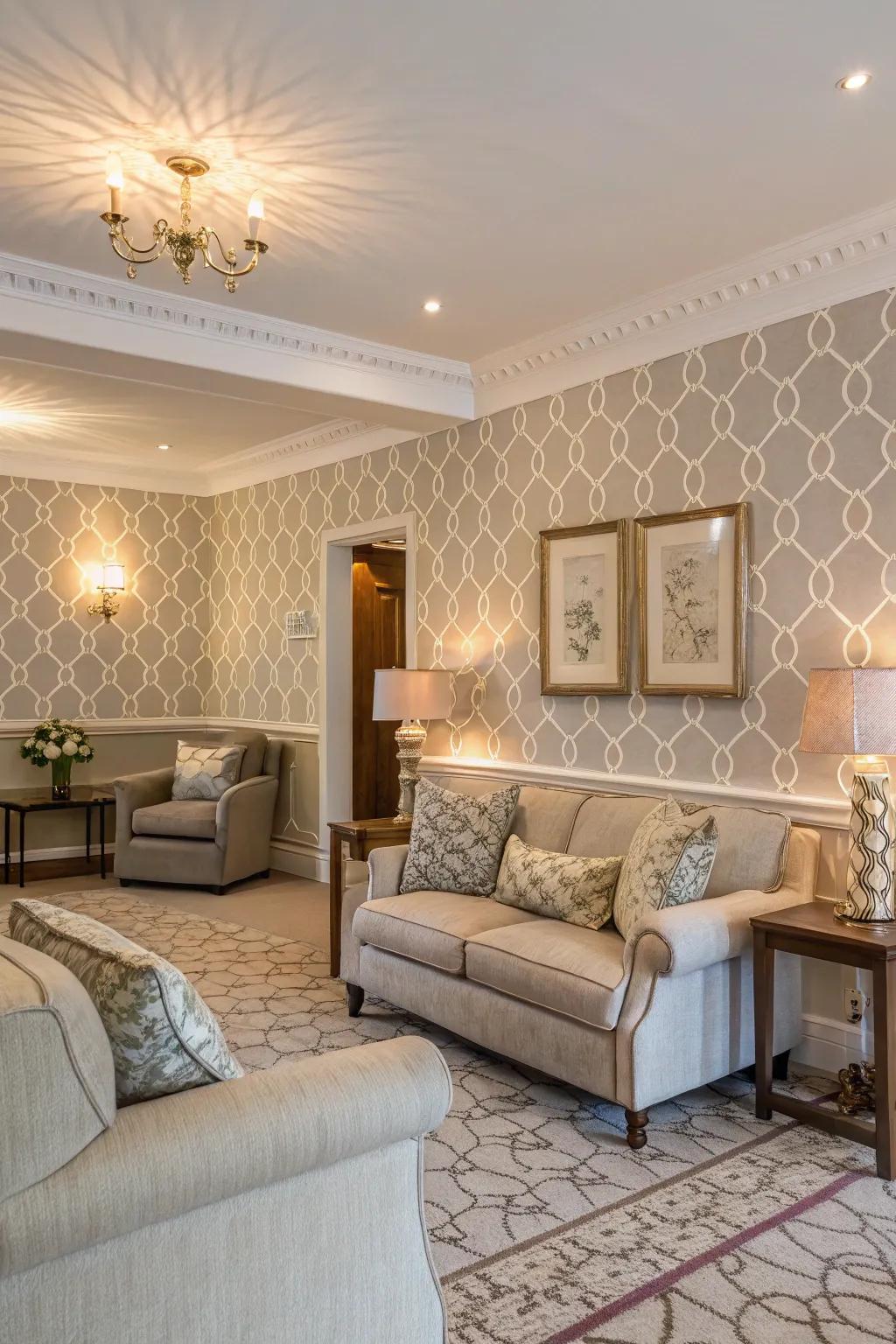 The living room gains depth and intimacy from the partial wallpapering.