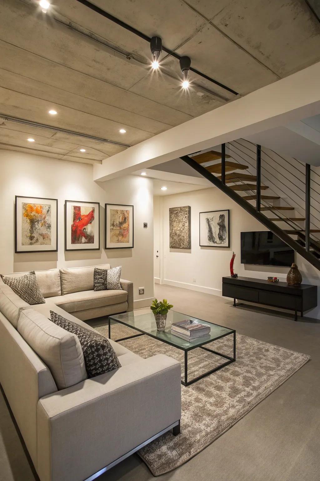 Simple decor keeps a low-ceilinged area open and airy.