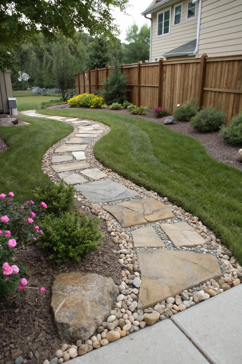 A front yard featuring paving stones and pebbles to minimize lawn maintenance.