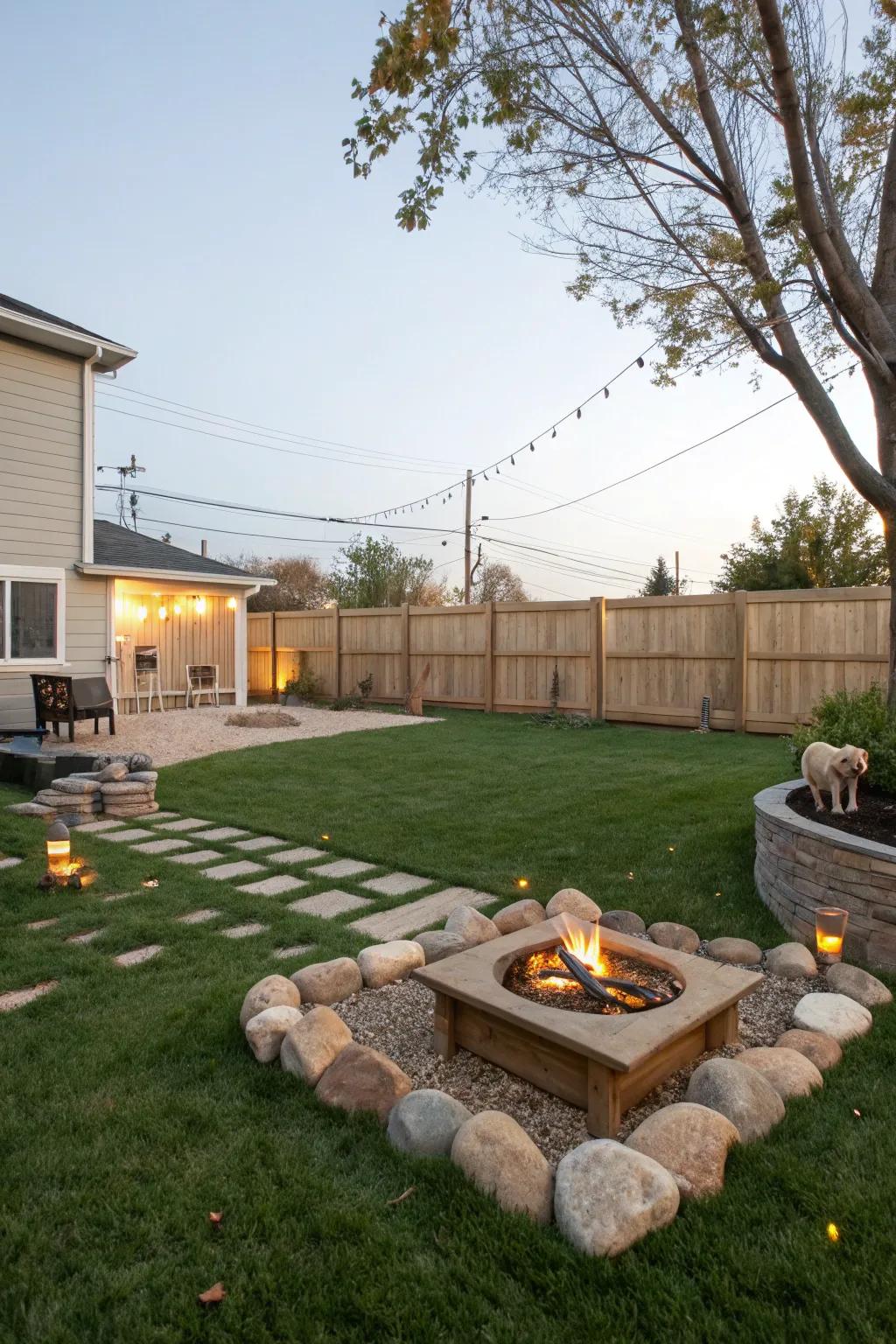 A cozy fire pit area that fits well in a pet-friendly space.