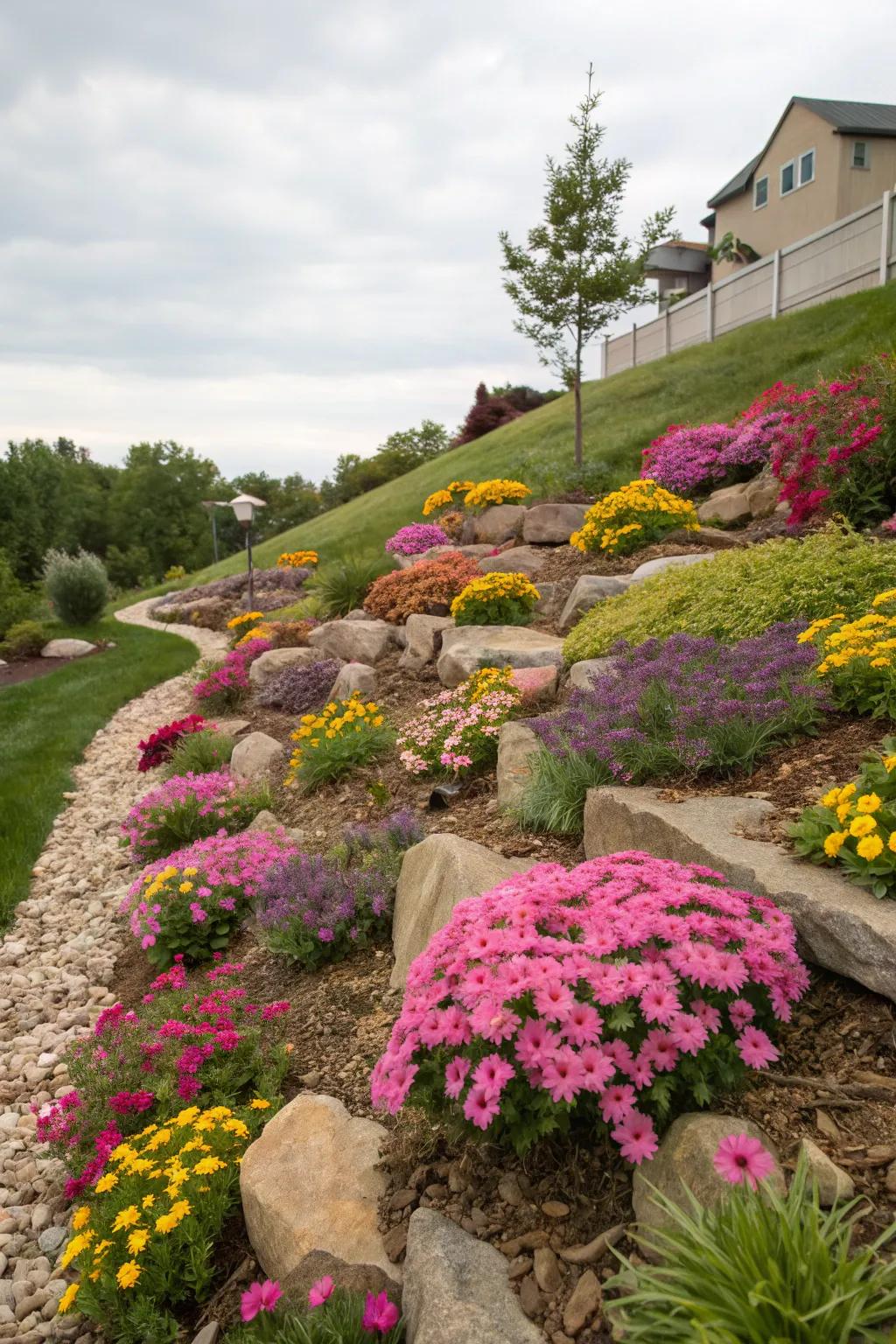 Colorful perennials bring life and longevity to sloped gardens.