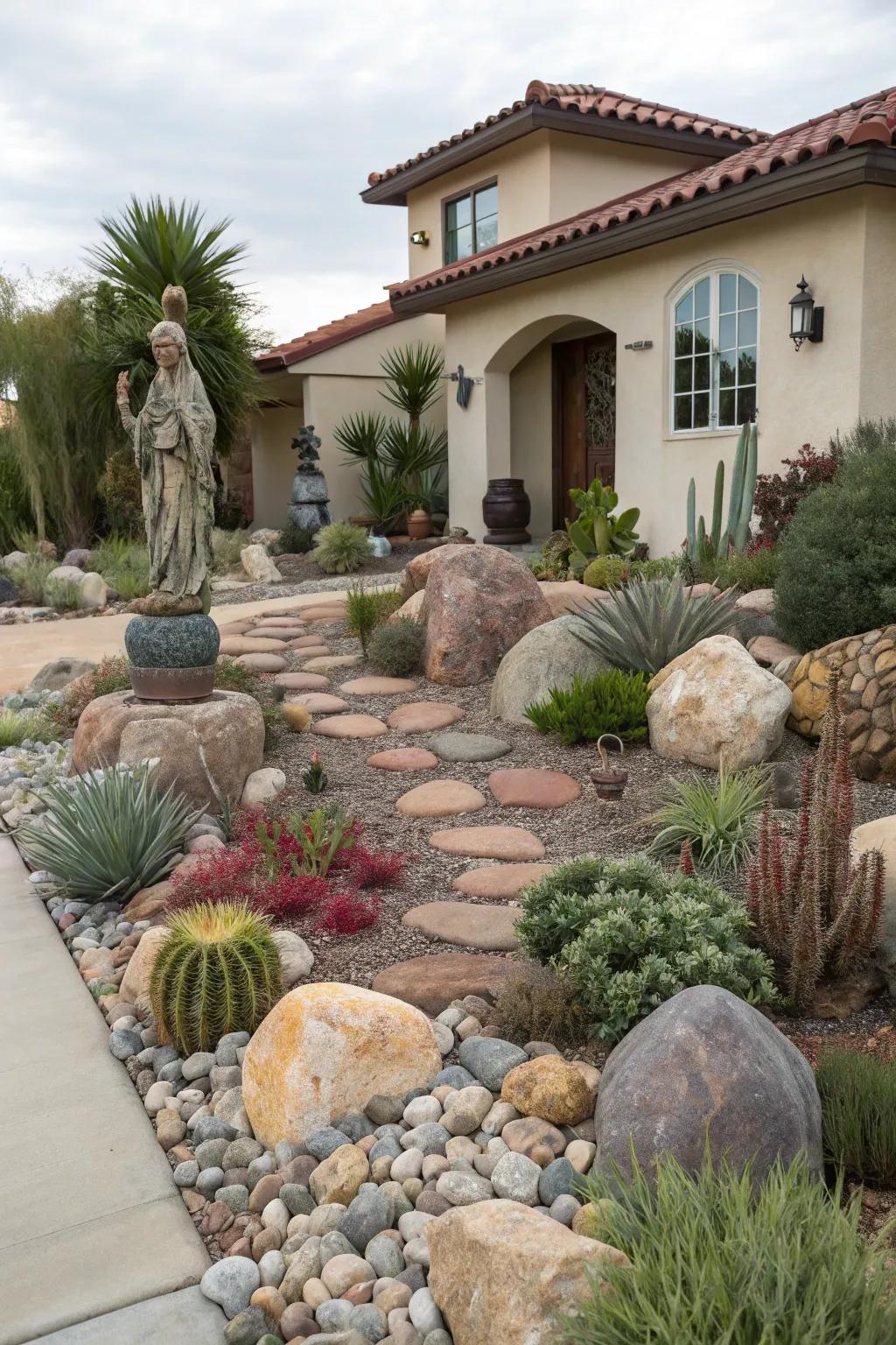 Decorative elements add charm to a xeriscape yard and do not increase the upkeep.