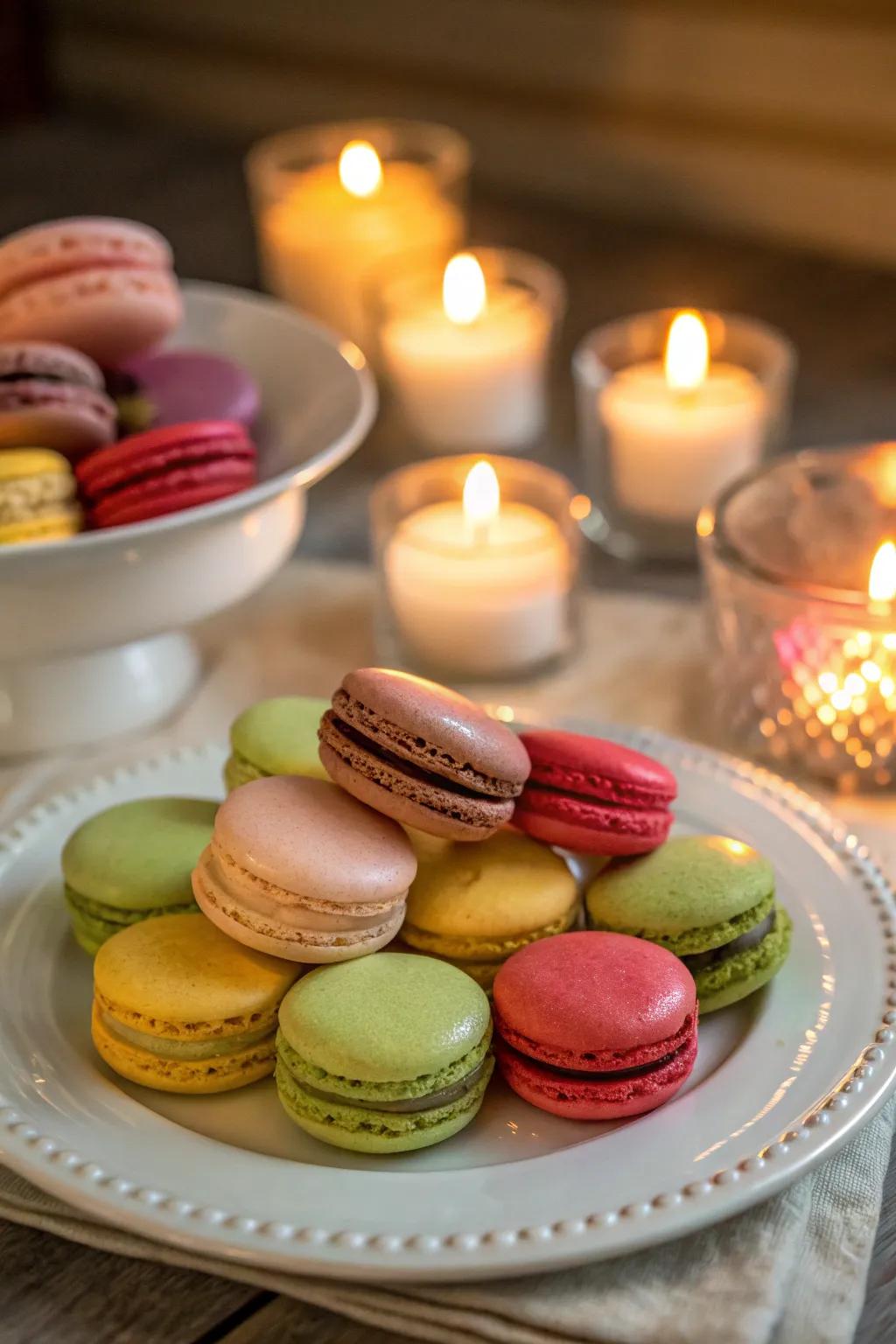 Macarons arranged under soft candlelight.