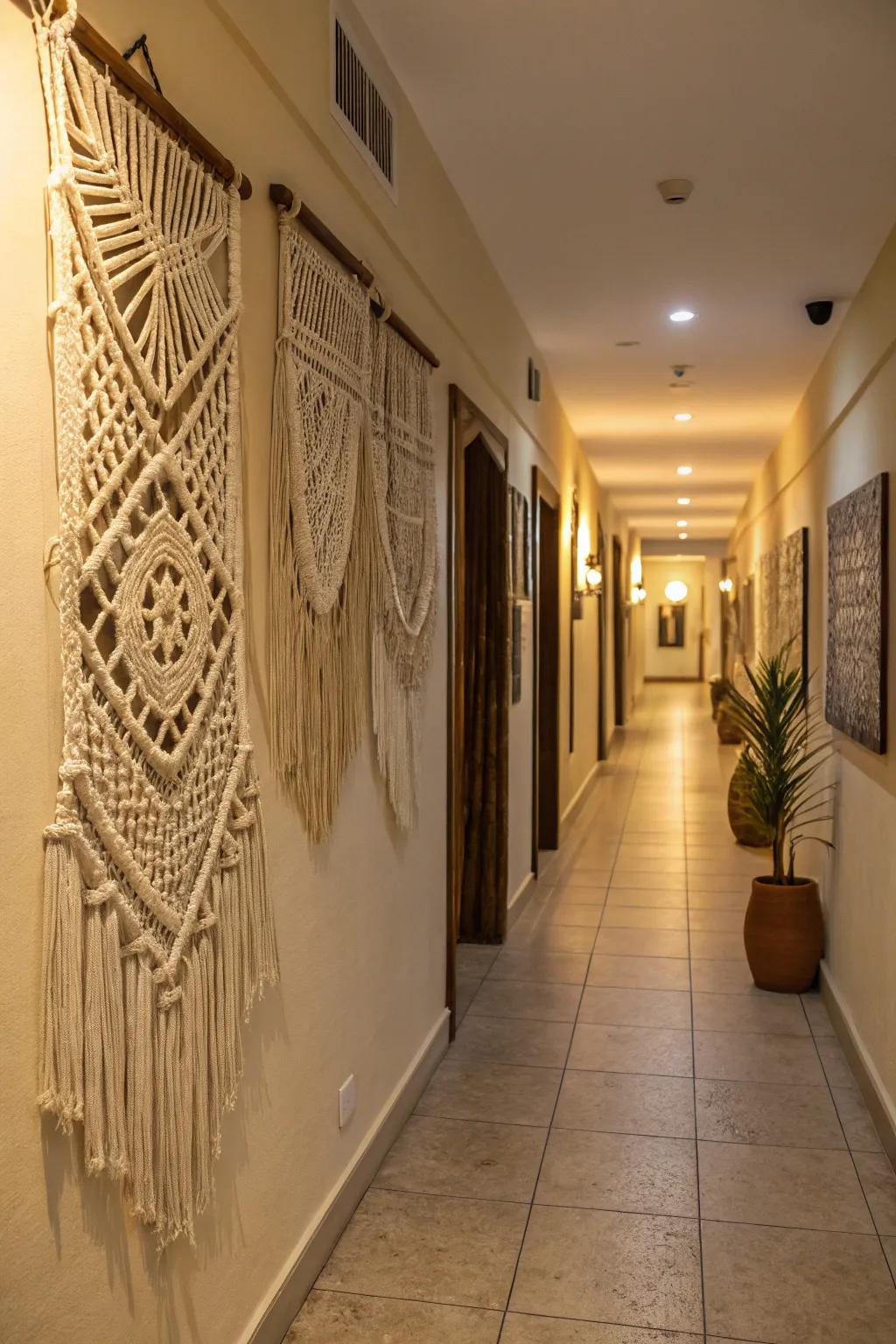 Macrame textile decorations introducing depth and character to an interior.