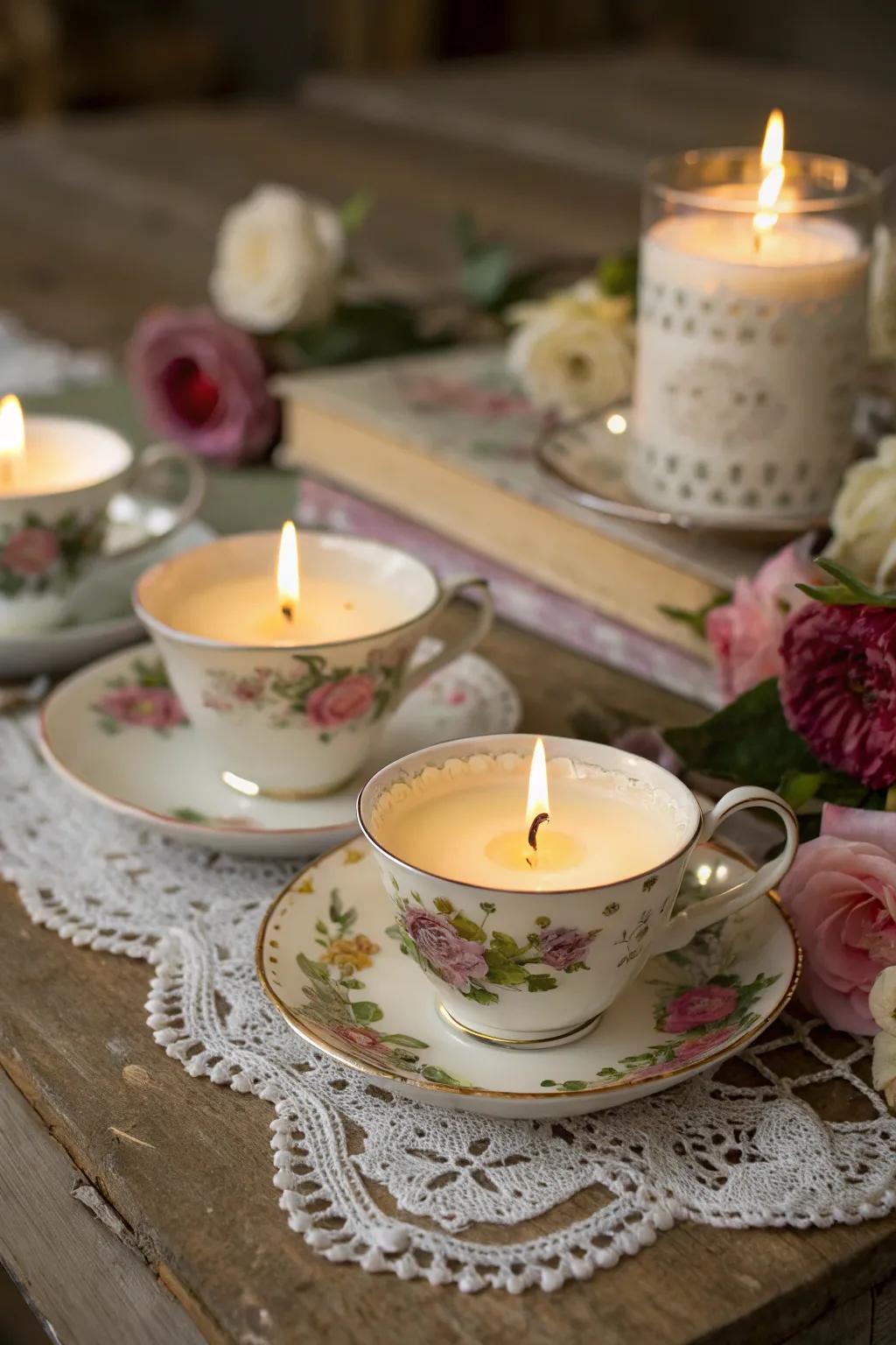 Enchanting luminaries fashioned from vintage teacups infuse playfulness and warmth into any gathering.