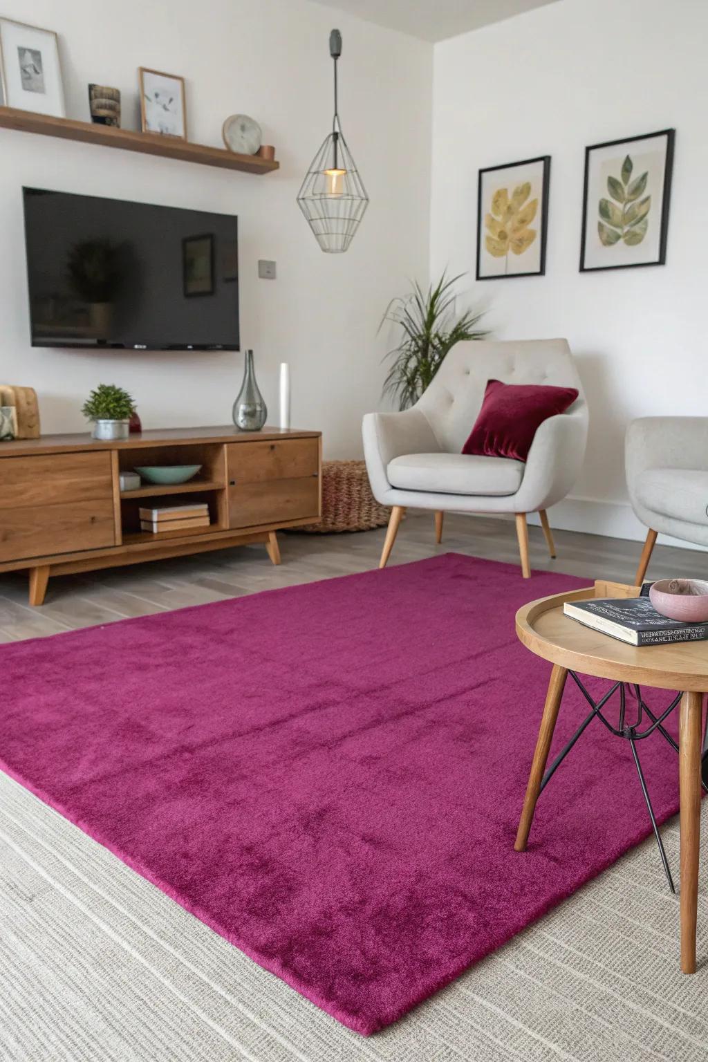 A vibrant rose rug ties this contemporary living space together beautifully.