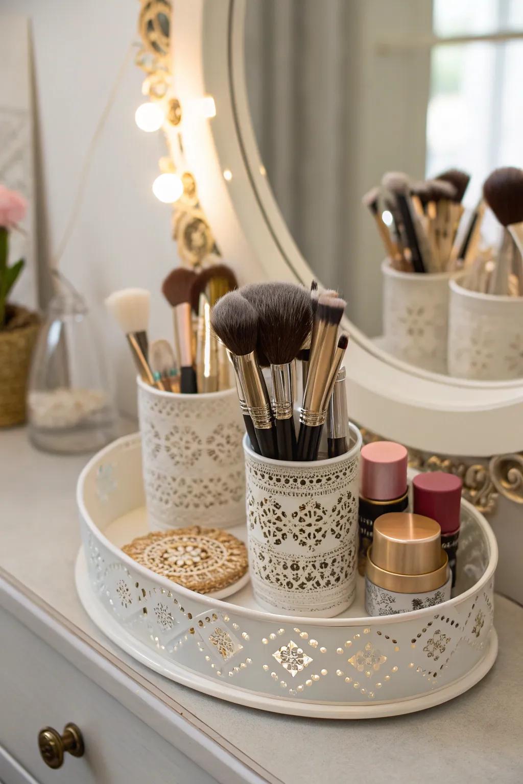 A tray display adds luxury and arrangement to makeup brush keeping.