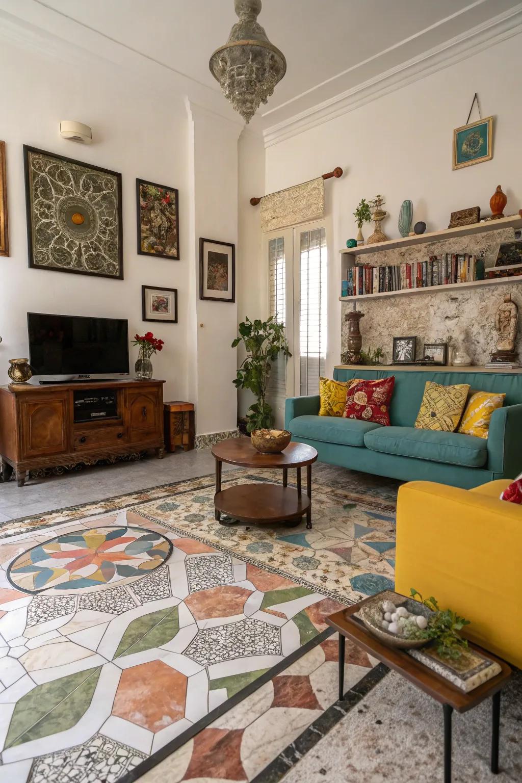 Mosaic designs bring playful charm to stone flooring.