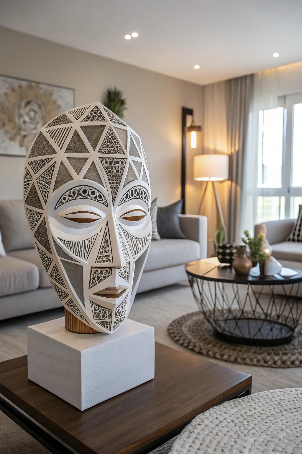 A geometric mask sculpture that adds a modern flair to home decor.