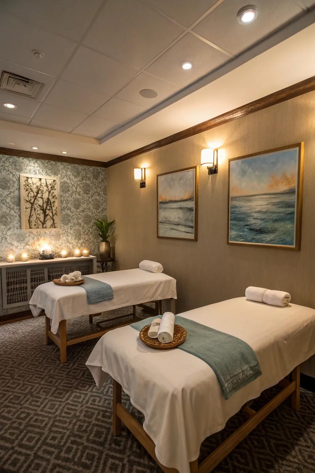 A massage room with artful touches that enhance the relaxing atmosphere.